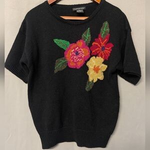 Vintage Black Knit Sweater With Hand Stitched Flowers